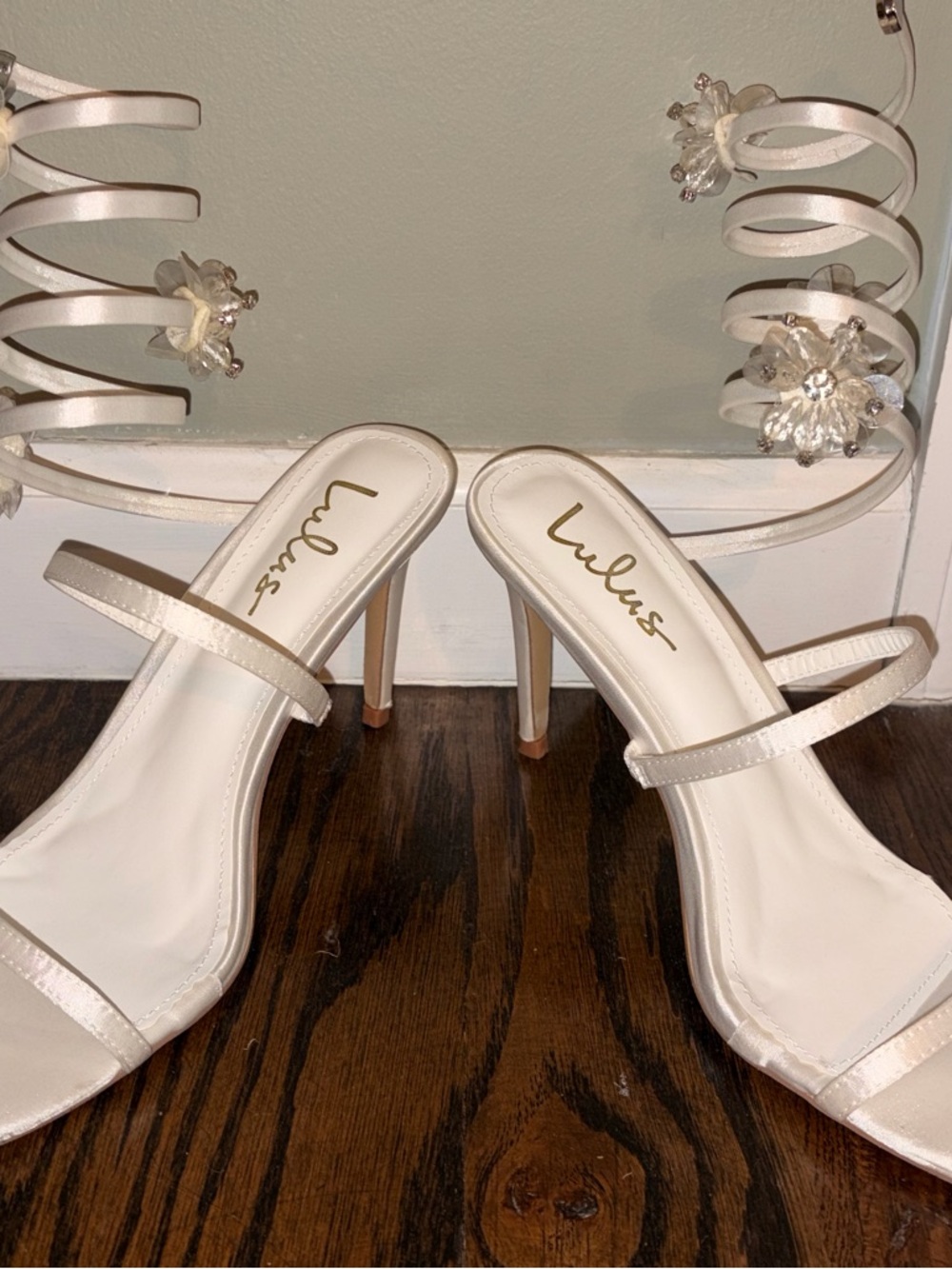 Esmarie White Satin Ankle Wrap High Heel Sandals with flowers - Picture 6 of 7